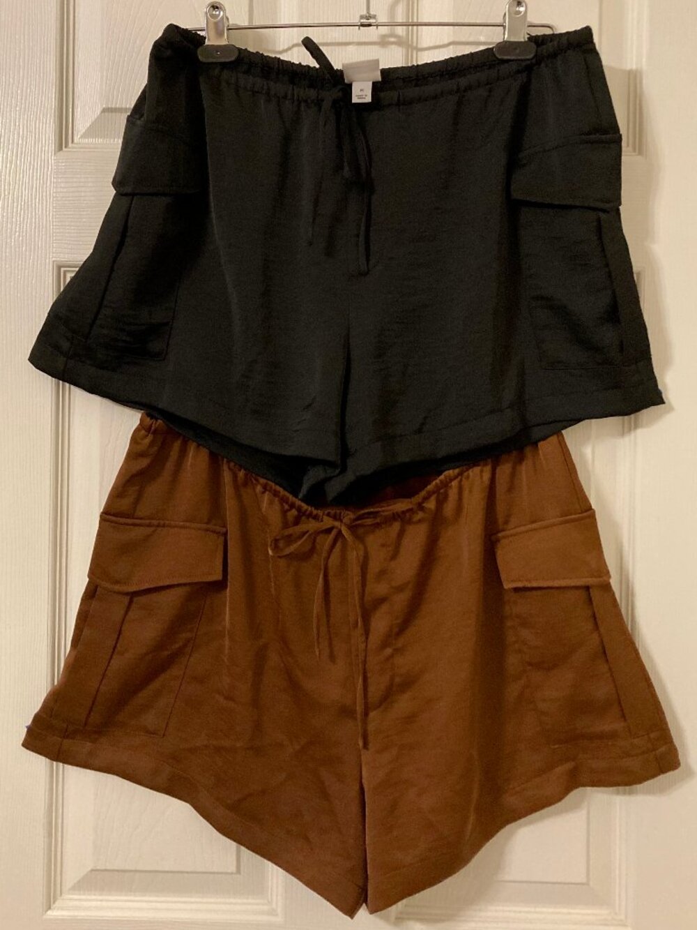 2 PAIR, Excellent Condition, SZ M, Hammered Satin Cargo Shorts, Black & Brown